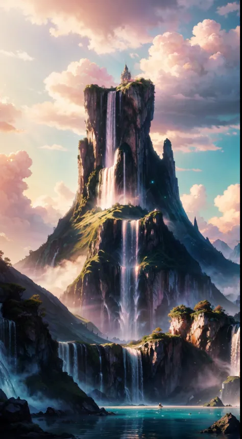 Imagine enchanting scenes of a magnificent kingdom of romantic dreams. The environment is full of intricate floating islands, Fluffy clouds, A waterfall cascading down from a floating island, and energetic, surreal atmosphere. The atmosphere is full of won...