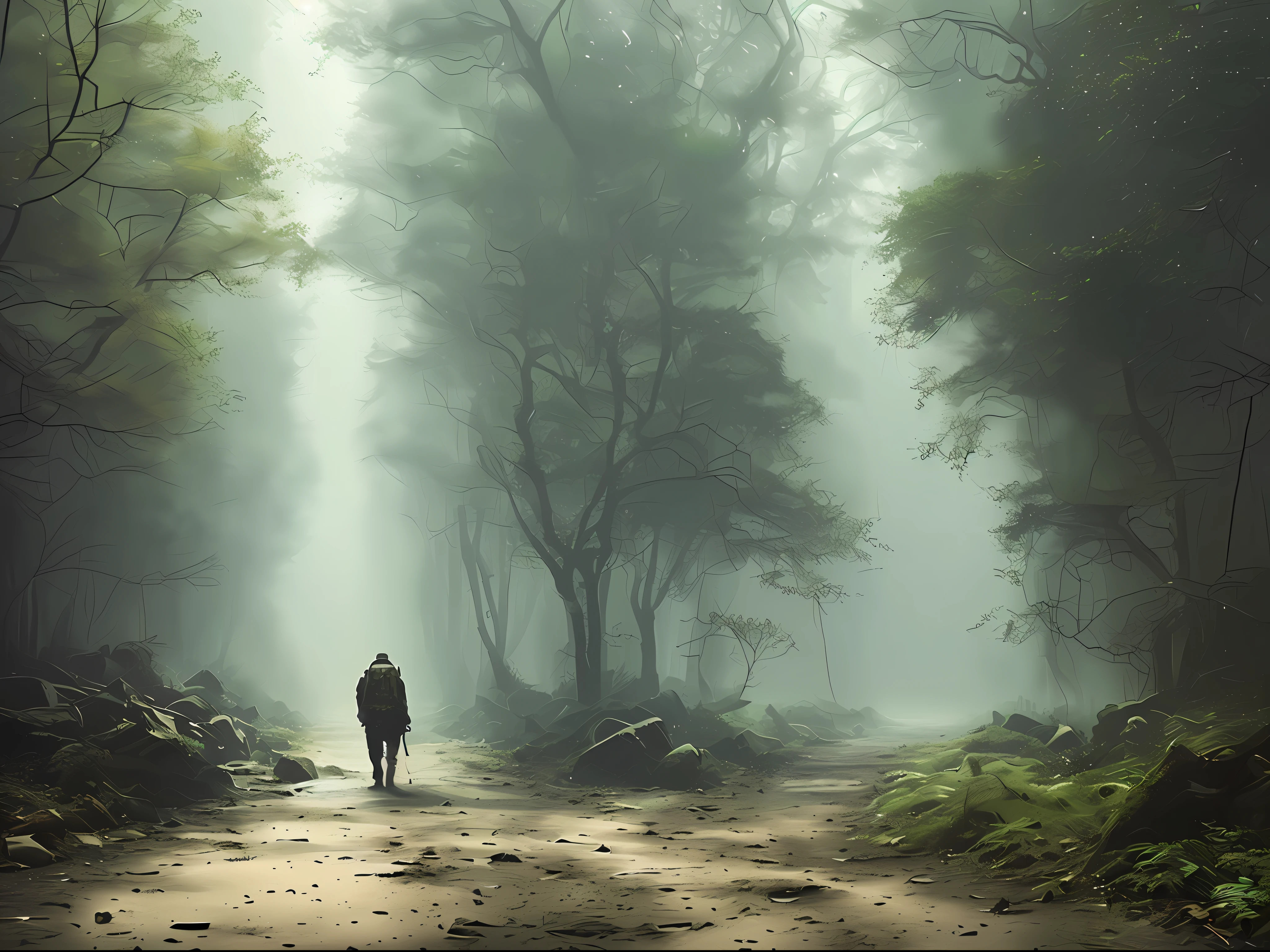 (masterpiece) RAW highly detailed, a man with a post-apocalyptic dog with a backpack is walking down a clear alley in a leafy and long forest, at the end of the way a strong white light shaped ball, hassanfantasy style, by Jeremy Mann and Donato Giancola ultra realistic highly detailed intricate photorealistic