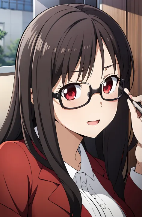 there is a woman with glasses and a red jacket posing for a picture, wavy long black hair and glasses, with glasses, with black ...