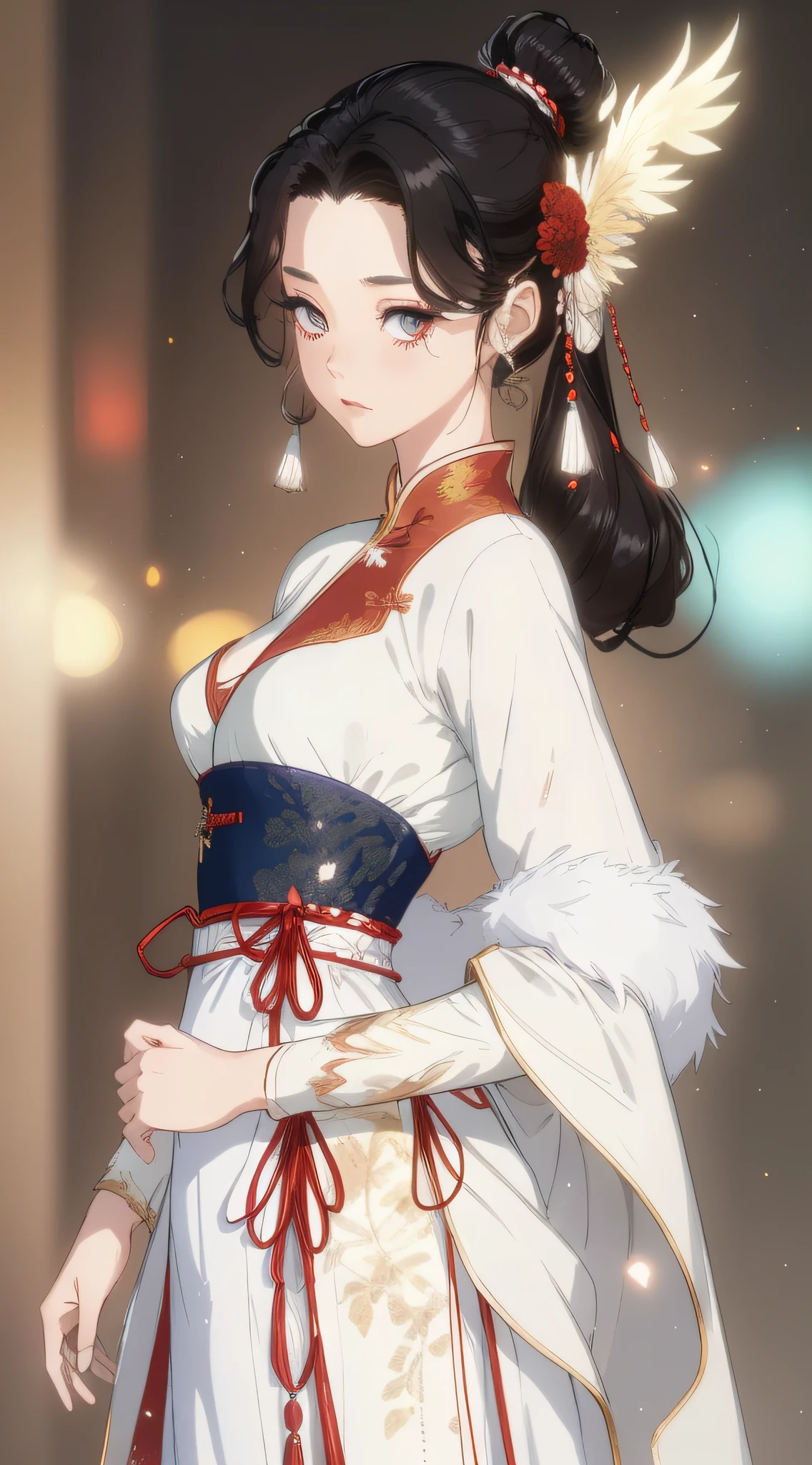 （best qualtiy，tmasterpiece：1.2），超高分辨率，realisticlying，Front lighting，Complicated details，Exquisitedetailsandtextures，（1girll），独奏，The upper part of the body，red color Hanfu，Petal pattern，Nice big eyes，Red dress，beauitful face，facing to audience，Streamers，gossamer，（年轻），Facial highlights，Detal Face，tear-mole，white skinned，Silvery hair，High ponytail，looking at viewert，largeeyes，（Openwork pattern），耳Nipple Ring，slimfigure，white backgrounid，correct hand，profesional lighting，photon maping，Radio City，physically-based renderingt