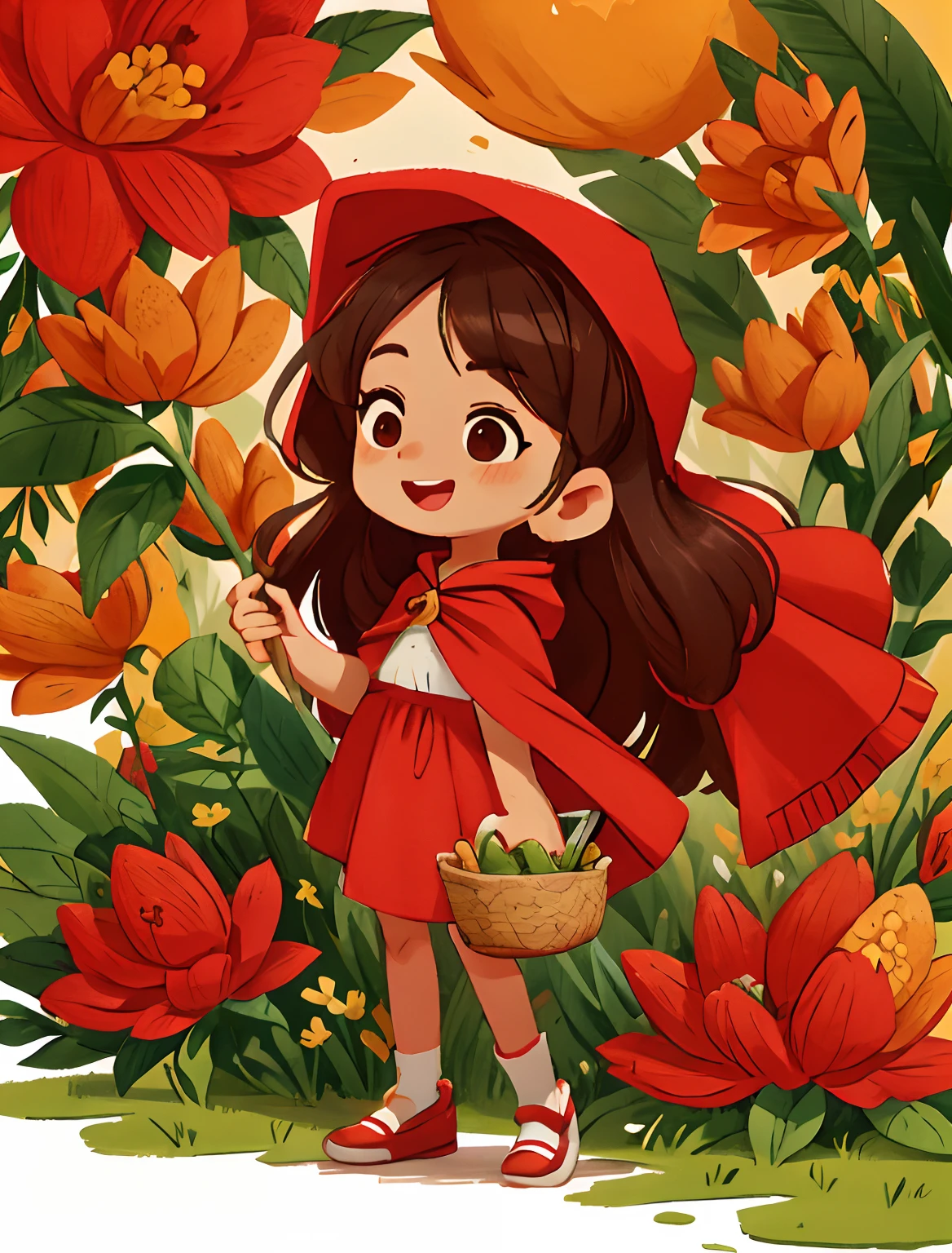 Draw a cartoon girl with a basket and a red hooded cape standing on a delicate shoe, cabelo solto longo escuro encaracolado, cabelo cumprido encaracolado,vestindo vestido  delicado rodado com avental branco estilo camponesa, chapeuzinho vermelho, Chapeuzinho vermelho fofa, Directed by: Veronica Ruiz de Velasco, by Almeida Júnior, inspirado em Claire Hummel, Directed by: Emma Rios, menina bonita sorridente, Directed by: Márta Lacza,  desenho infantil chapeuzinho vermelho  estilo 2d, arte fofa em 2d, desenho de fundo cutie, flores amarelas e vermelhas,  Caminhando na floresta com cabana.