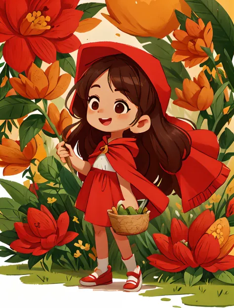 Draw a cartoon girl with a basket and a red hooded cape standing on a delicate shoe, cabelo solto longo escuro encaracolado, cab...