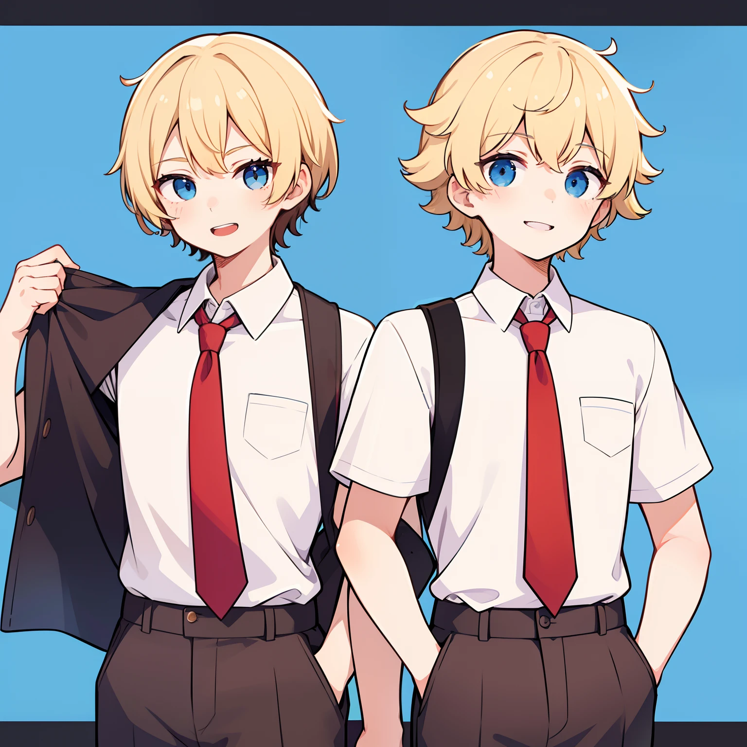 superfine illustration,Animated,1boy, Yaoi,School,Guy,man,Man's,Short hair,Curly hair,Parted bangs,Blonde hair,Short sleeve,half-pants,Brown pants,Smile,Blue eyes,White skin,White shirt,Red tie,Two back teeth,hitornfreckles, superfine illustration,Animated,man,Man's,Short hair,Curly hair,Parted bangs,Blonde hair,Smile,Blue eyes,White skin,White shirt,