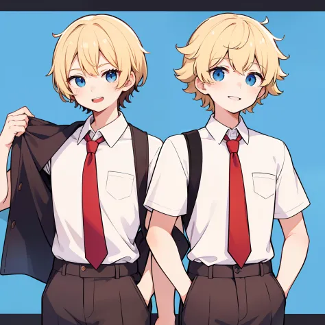 superfine illustration,animated,1boy, yaoi,school,guy,man,man's,short hair,curly hair,parted bangs,blonde hair,short sleeve,half...