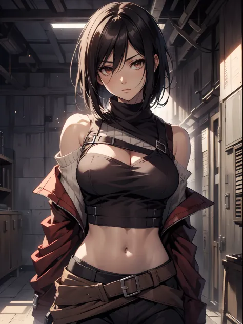 Mikasa_ackerman，solo person，byself，Off-the-shoulder clothing，muscline，cleavage，nabel，open waist，Abs，Vest line，Off-the-shoulder a...