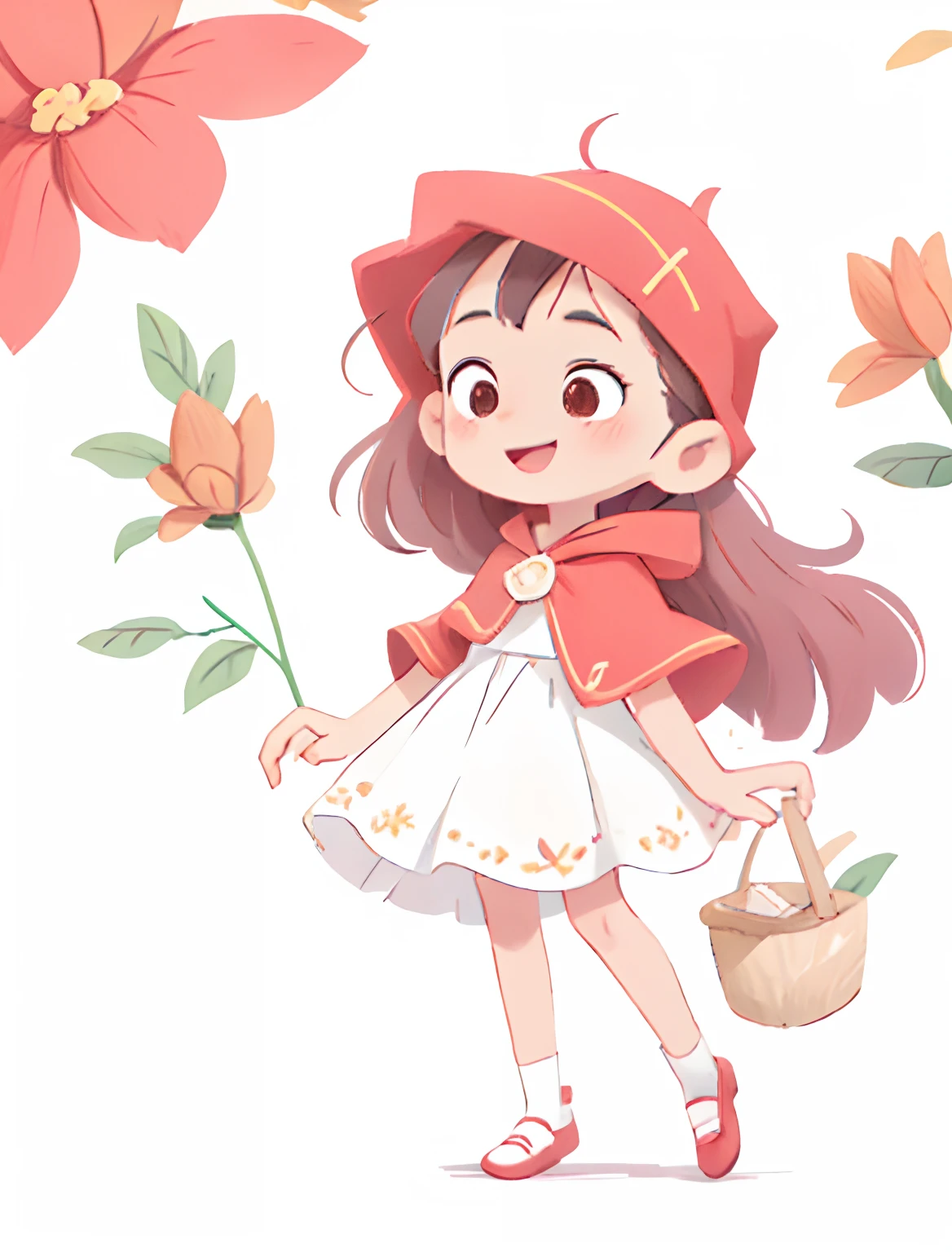 Draw a cartoon girl with a basket and a red hooded cape standing on a delicate shoe, cabelo solto longo escuro encaracolado, cabelo cumprido encaracolado,vestindo vestido  delicado rodado com avental branco estilo camponesa, chapeuzinho vermelho, Chapeuzinho vermelho fofa, Directed by: Veronica Ruiz de Velasco, by Almeida Júnior, inspirado em Claire Hummel, Directed by: Emma Rios, menina bonita sorridente, Directed by: Márta Lacza,  desenho infantil chapeuzinho vermelho  estilo 2d, arte fofa em 2d, desenho de fundo cutie, flores amarelas e vermelhas,  Caminhando na floresta com cabana.