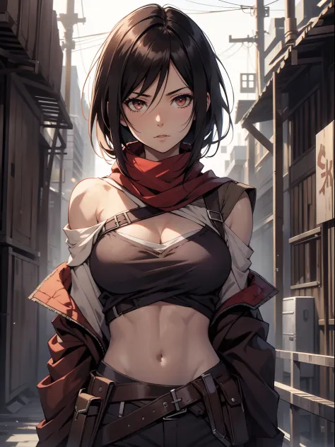 Mikasa_ackerman，solo person，byself，Off-the-shoulder clothing，muscline，cleavage，nabel，open waist，Abs，Vest line，Off-the-shoulder a...