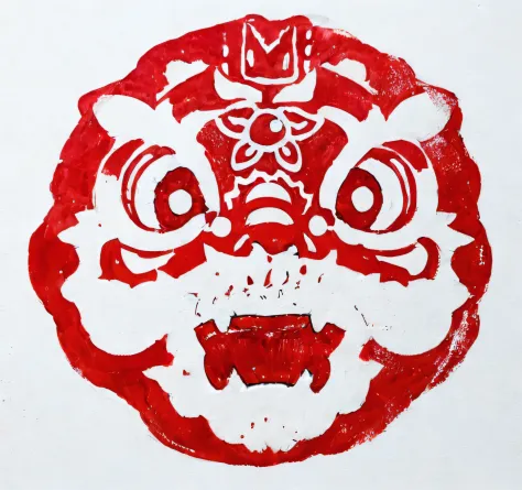 There is a red and white face on white paper。, momoshiki ōtsutsuki, woodblock print, inspired by Kōno Michisei, inspired by Tōshūsai Sharaku, tengu mask, ((woodblock)), inspired by Makuzu Kōzan, oni mask