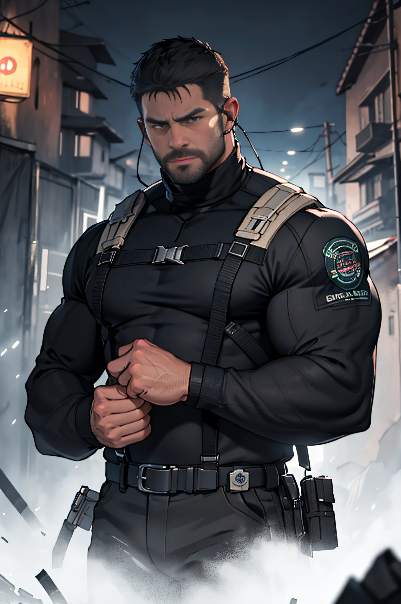 old countryside village in the background, old Chris Redfield from Resident Evil 8, 48 year old, muscular male, tall and hunk, biceps, abs, chest, all black cold turtleneck, long sleeves, black trousers, suspenders, earpiece, belt, thick beard, cracking the hand's knuckles, cold face, video games style, high resolution:1.2, best quality, masterpiece, dark nightime, dark atmosphere, shadow, upper body shot