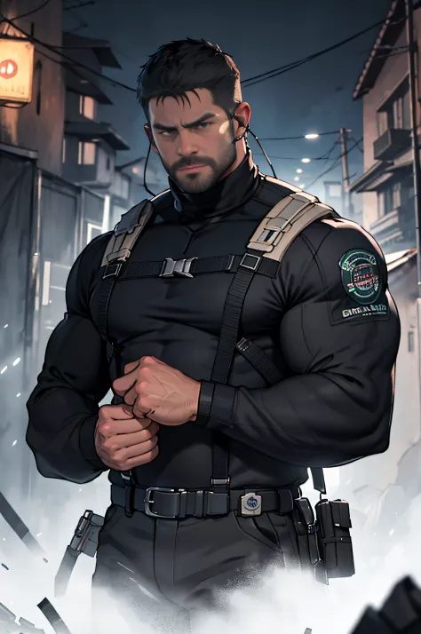 old countryside village in the background, old Chris Redfield from Resident Evil 8, 48 year old, muscular male, tall and hunk, b...