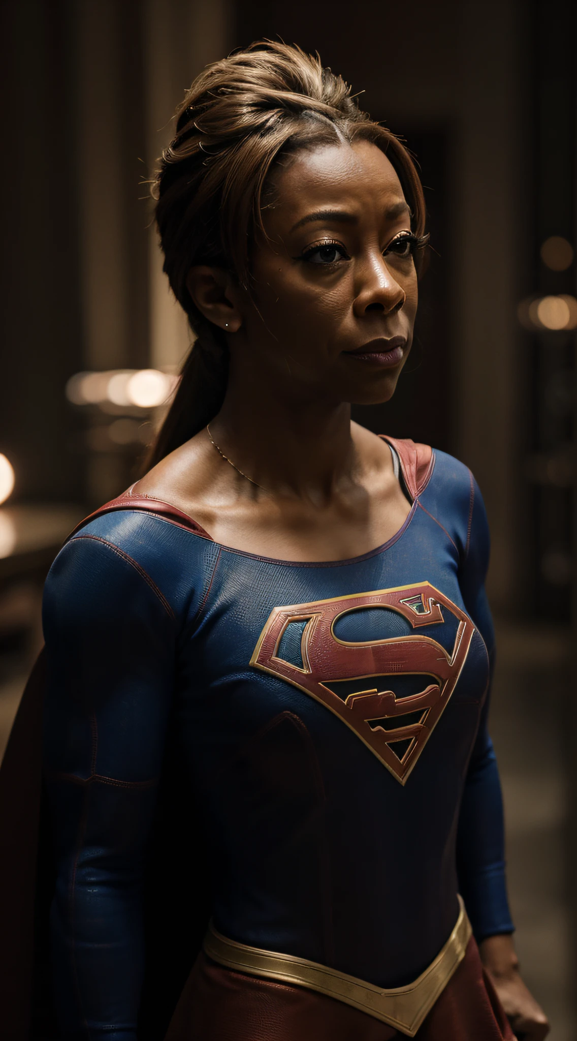 Close-up, mulher (supergirl suit), ((((Tichina Arnold)))), fotorrealista, ultra-detalhado, detalhes intrincados, super detalhado, volumático, HDR, Realistic, Motor irreal, 16k, foco nítido, octan render, da mais alta qualidade, Foto RAW, cinematic composition,