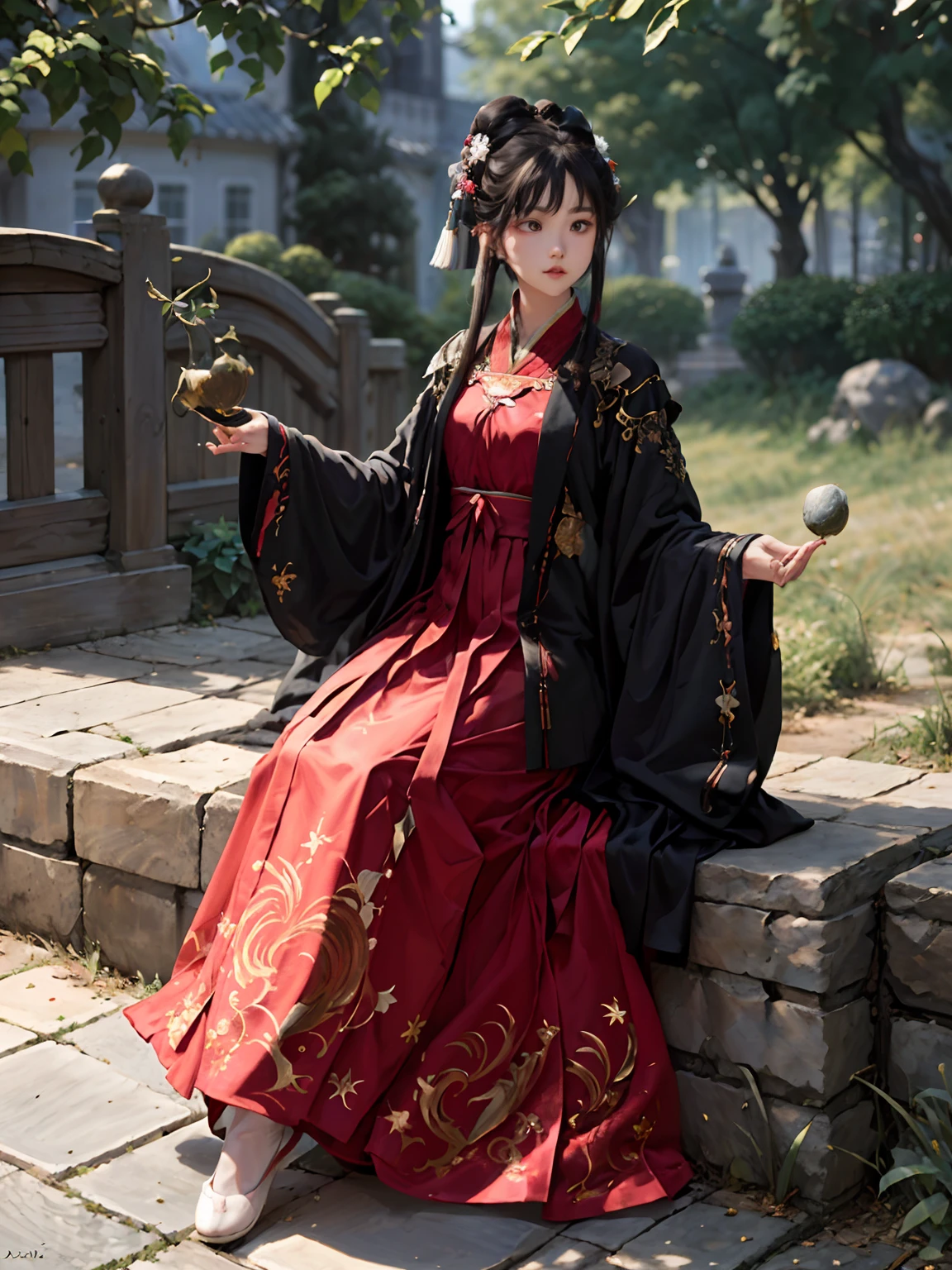 absurdes, high resolucion, Ultra detailded, (1fille:1.3), Hand drawn, Ligne simple, Fille de 16 ans en rouge Hanfu chinois , Masterpiece, Stand at Cliff, Lunar light, la nuit,