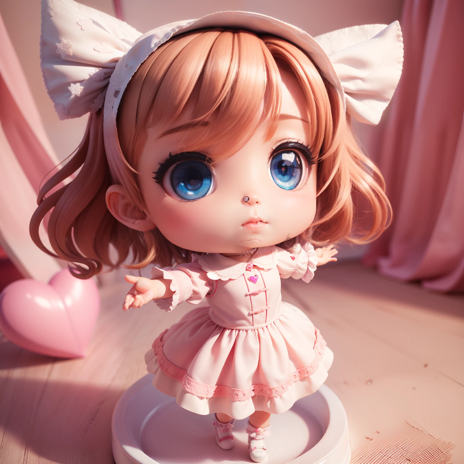 ((((chibi3d))) Best Quality), (masutepiece)、A 14-year-old girl is Russian with big blue eyes、Wavy bob hairstyle with brown hair、The figure is very slim、Blanc Women's Lace Blouse, Offshore style, Skipper Dresses, Shirt、Shape the heart with your hands、A slightly embarrassed look、The background is the interior of a cute pink café、The heart-shaped beam coming out of the hand is fluffy、