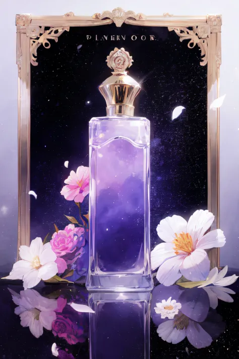 no human, perfume bottle, pink flowers, white flowers, the universe, purple theme, black background