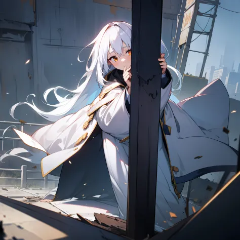 teens girl，white hair and golden eyes，long whitr hair，stand on top of an abandoned building，the long sword floated to his side，w...