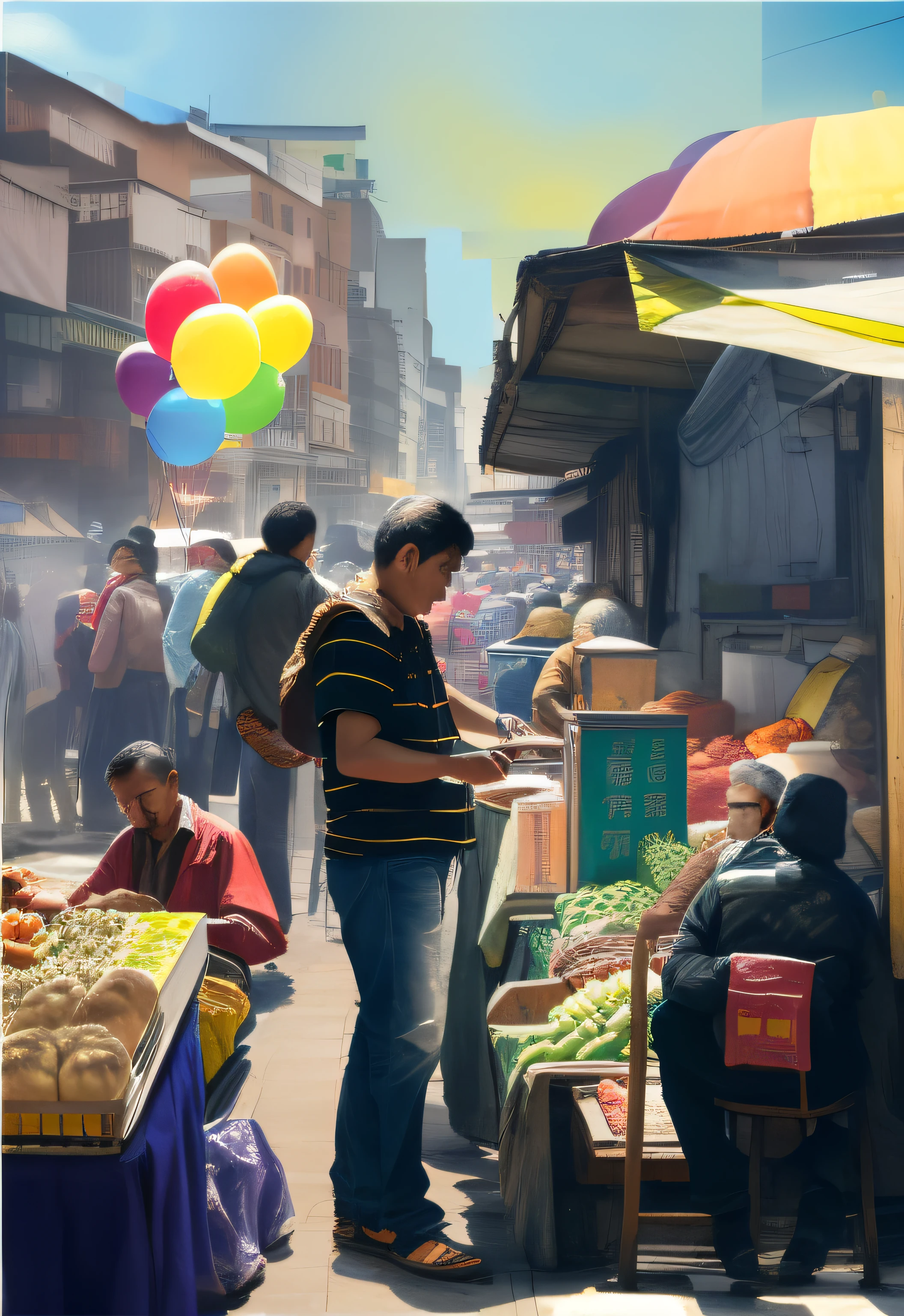 Draw a man standing in front of a food stall with a balloon, the vibrant echoes of the market, Market, street vendors, busy market, street market, ((Supersaturation)), wet market street, sunday afternoon, market setting, Album art, Cheerful ambiance, digital collage, overlaid with chinese adverts, people shopping, marketplace, nostalgic and euphoric