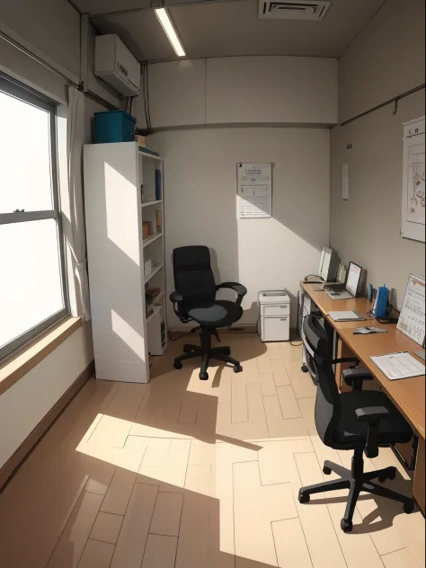 Office room, anime style, light from right, shoot from chair, anime drawing, simple