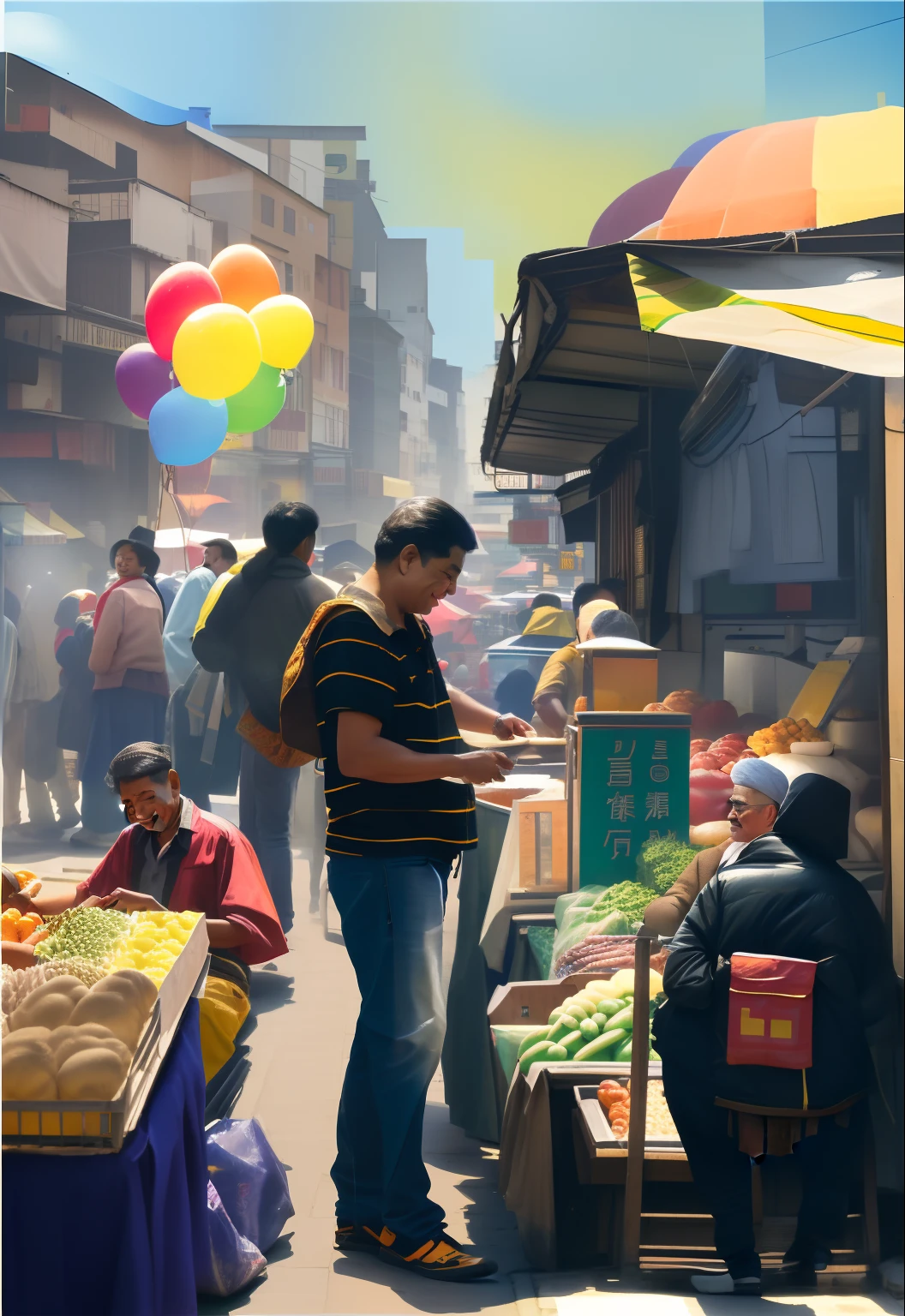 Draw a man standing in front of a food stall with a balloon, the vibrant echoes of the market, Market, street vendors, busy market, street market, ((Supersaturation)), wet market street, sunday afternoon, market setting, Album art, Cheerful ambiance, digital collage, overlaid with chinese adverts, people shopping, marketplace, nostalgic and euphoric