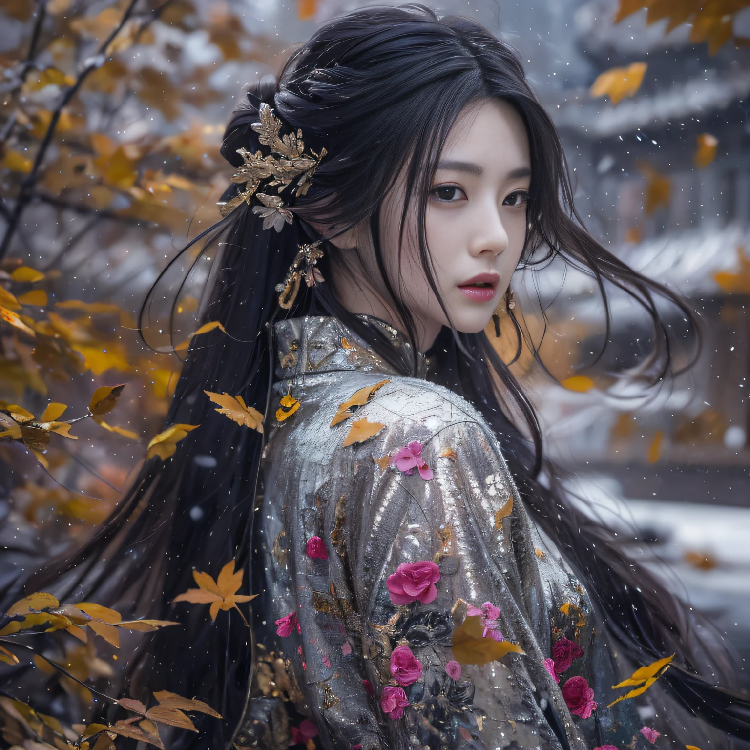 32K（tmasterpiece，k hd，hyper HD，32K）Long flowing black hair，ponds，zydink， a color，  Xuzhou people （Seduce girls）， （Red scarf in the snow）， Combat posture， looking at the ground， long whitr hair， Floating hair， Carp pattern headdress， Chinese long-sleeved silver cheongsam， （Abstract gouache splash：1.2）， Pink petal background，Forget the flowers flying（realisticlying：1.4），Black color hair，Fallen leaves flutter，The background is pure， A high resolution， the detail， RAW photogr， Sharp Re， Nikon D850 Film Stock Photo by Jefferies Lee 4 Kodak Portra 400 Camera F1.6 shots, Rich colors, ultra-realistic vivid textures, Dramatic lighting, Unreal Engine Art Station Trend, cinestir 800，Long flowing black hair，see-through transparent clothes