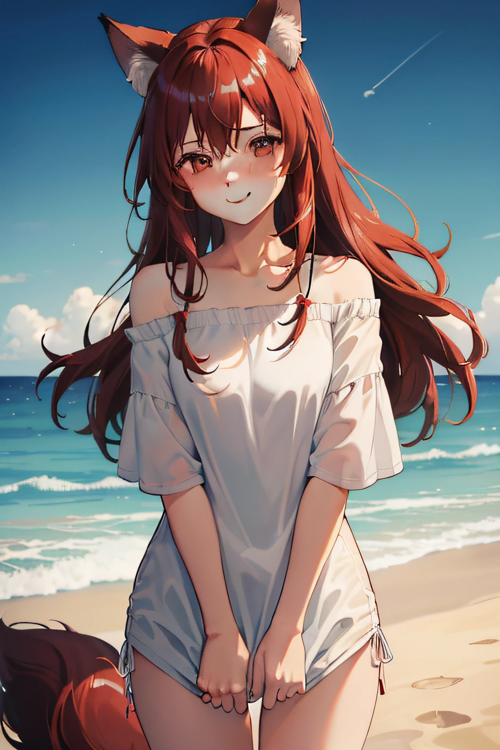 (((best quality, high resolution, masterpiece))) shirt tug, laid down on the beach, beach, sea, long hair, strong wind, shorts, wavy hair, red hair, translucent clothes, (cat smile), fox ears, fox tail, cute expression, detailed face, detailed eyes, off the shoulder clothing, night sky, raining stars, blushed, embarassed