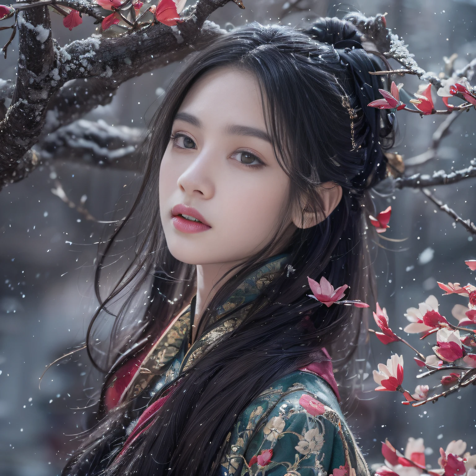 32K（tmasterpiece，k hd，hyper HD，32K）Long flowing black hair，ponds，zydink， a color，  Xuzhou people （Seduce girls）， （Red scarf in the snow）， Combat posture， looking at the ground， long whitr hair， Floating hair， Carp pattern headdress， Chinese long-sleeved silver cheongsam， （Abstract gouache splash：1.2）， Pink petal background，Tulips flying（realisticlying：1.4），Black color hair，Fallen leaves flutter，The background is pure， A high resolution， the detail， RAW photogr， Sharp Re， Nikon D850 Film Stock Photo by Jefferies Lee 4 Kodak Portra 400 Camera F1.6 shots, Rich colors, ultra-realistic vivid textures, Dramatic lighting, Unreal Engine Art Station Trend, cinestir 800，Long flowing black hair，see-through transparent clothes