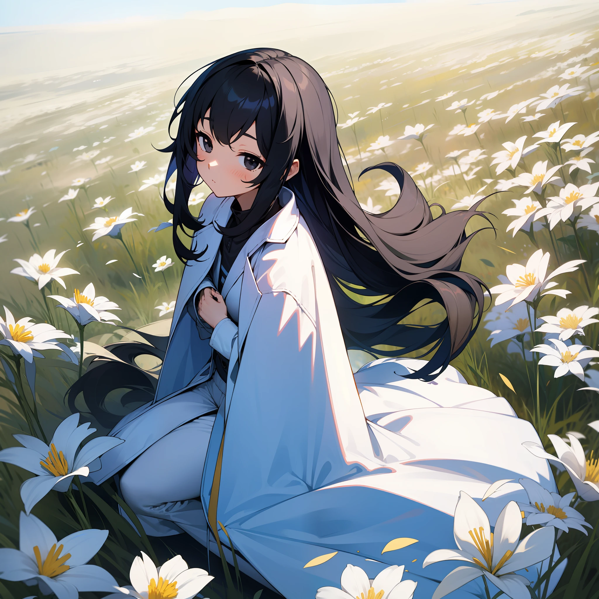 teens girl，Black hair and black eyes，Sit on a field full of white flowers，Holding a long sword in his arms，Wears a wide plain white trench coat，Look up slightly，face expressionless。