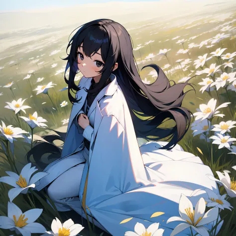 teens girl，Black hair and black eyes，Sit on a field full of white flowers，Holding a long sword in his arms，Wears a wide plain wh...