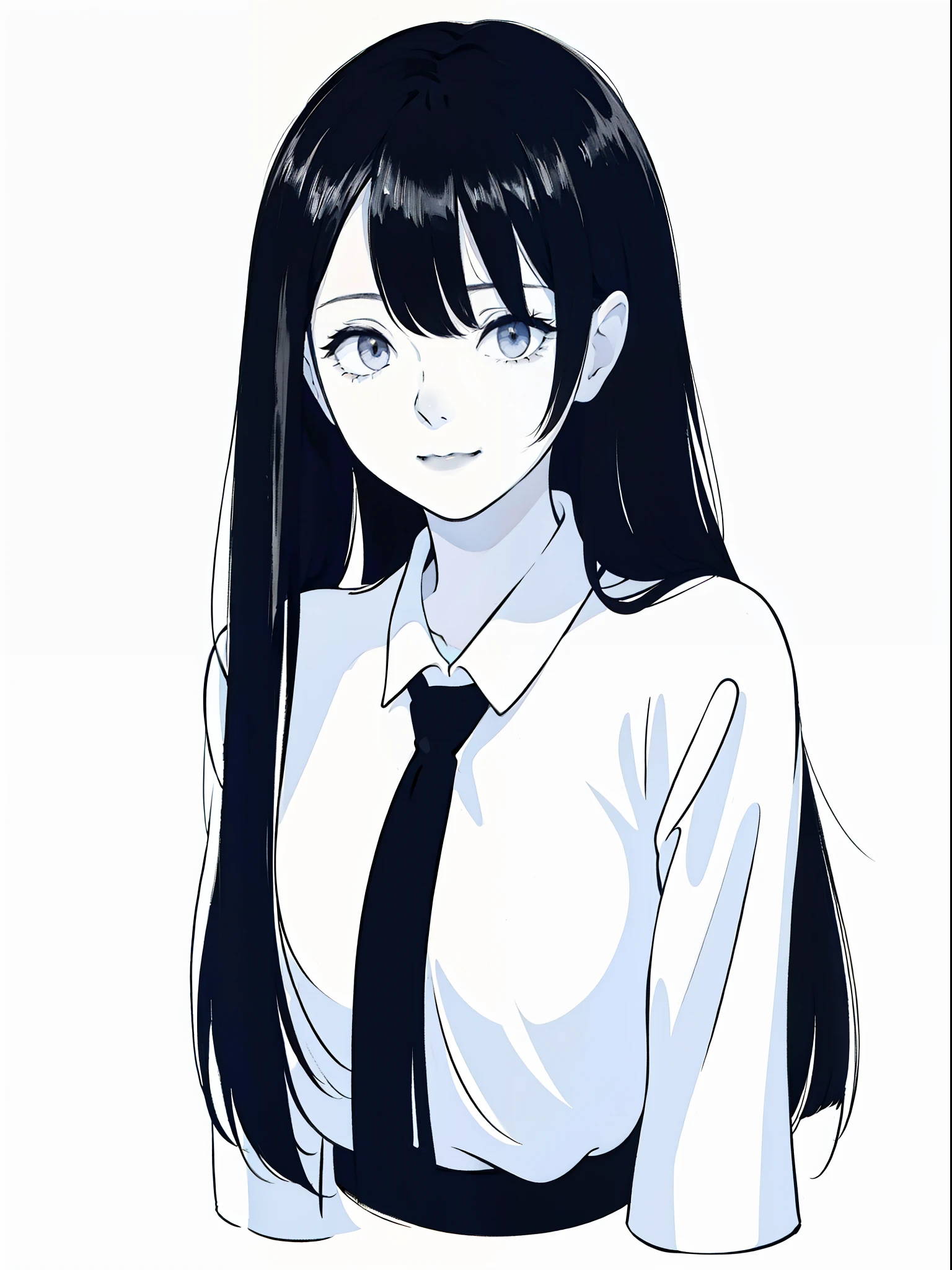 anime girl with long black hair and a white shirt,((black and white portrait)),black and white picture,Smile,minimalist painting,Simple strokes,messy  hair,Messy bangs,Shy,Pure white shirt,Heavy makeup,Headshot,Put lipstick on one's mouth