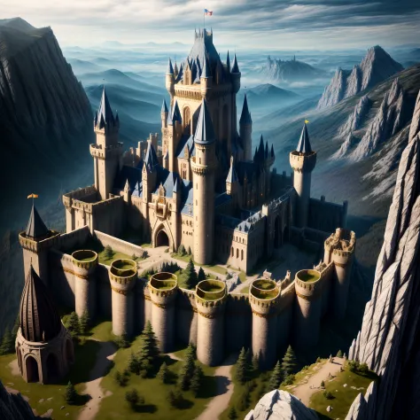 wide - angle shot， The Fantasy giant medieval castle on the mountain ，Detailed and complex background，ultra realistic, high resolution, hyper HD,, reflective light， structurally correct, Award-Awarded, high detail, lighten shade contrast, cinematic lightin...