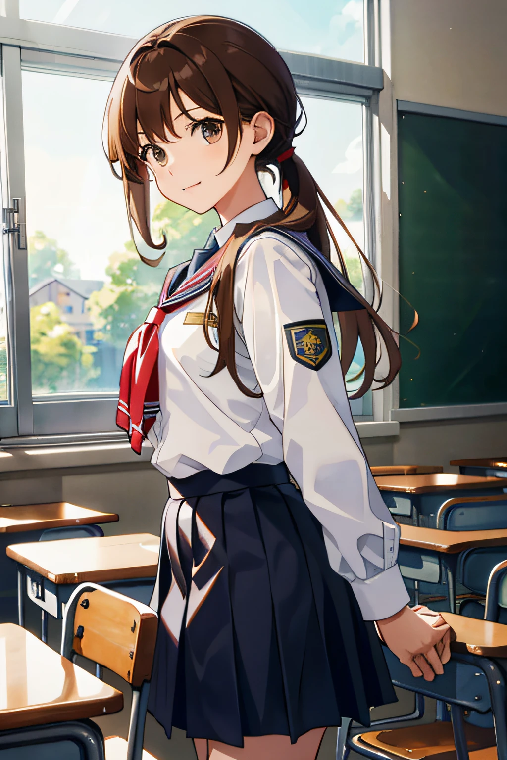 tmasterpiece，younger female，Brown hair，horse tailed，high school school uniforms，‎Classroom，janelas