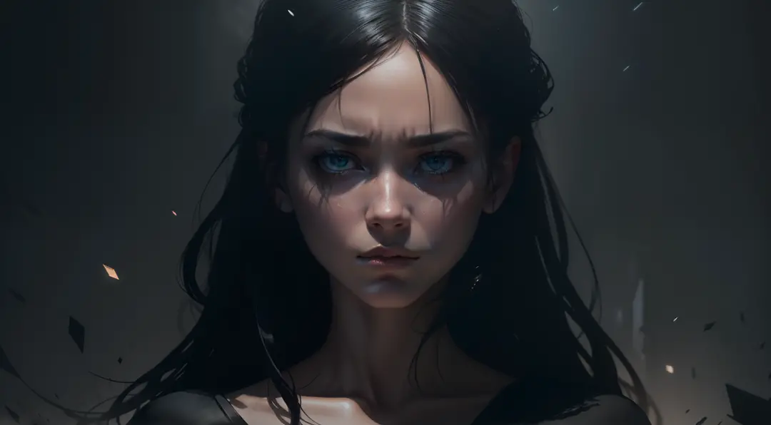 An illustration of a highly realistic female figure with a serious expression, surrounded by a dark and atmospheric environment. The figure can be schematic, with traits that indicate sadness and introspection. The dark setting may contain symbolic element...