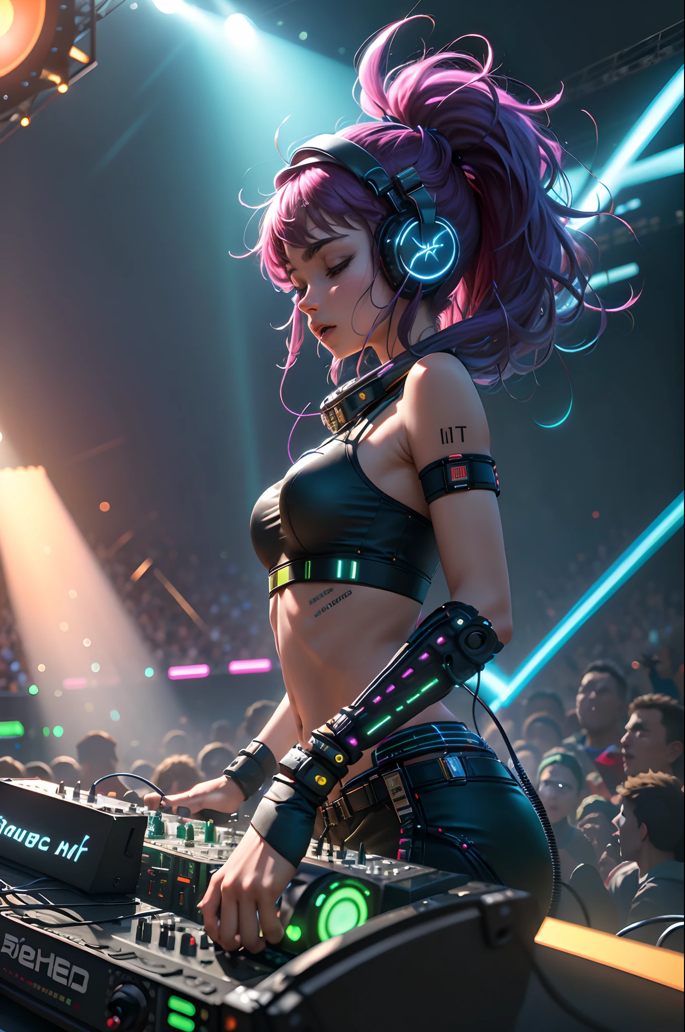 (masterpiece:1.3),(best quality:1.2),8k,absurdres,unity 8k wallpapper,(extremely detailed:1.3),highestres,realistic, blurry background, blurry foreground, 
(1girl:1.2),(headphones:1.1),(neon light:1.1),mechanical headwear,(mechanical wings:1.1),frown,(dynamic pose:1.1),(floating hair:1.2),(DJ:1.2),(psychedelic:1.2),dynamic pose,(electric wire:1.1),(light beam:1.2),half closed eyes,midriff,dim,(music:1.2),cable,god rays,(indoors:1.2),from side,(instrument:0.7),frenzied,passionate,energetic,intense,electrifying,exhilarating,dynamic,thrilling,explosive,rousing,(crowd:1.2),light rays,,neonlight,electric fan, (electricity:1.2), (electronic music:1.1),(sound mixing:1.3),