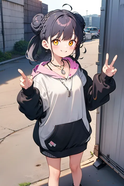 masterpiece, best quality, 1girl, solo, black hair, blunt bangs, (braided buns), twintails, yellow eyes, (black big hoodie), (a ...