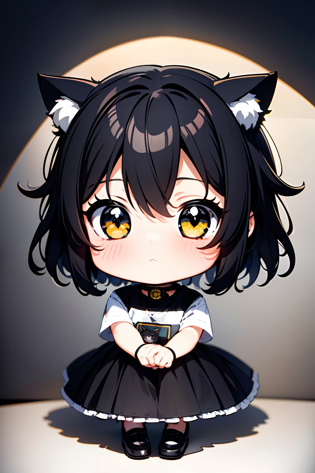 ((Best quality)), ((Masterpiece)),1 girl， animemanga girl，Q version characters，Infant body type，Very short in height，Black color hair，a black skirt，Cat ears，Fierce expression