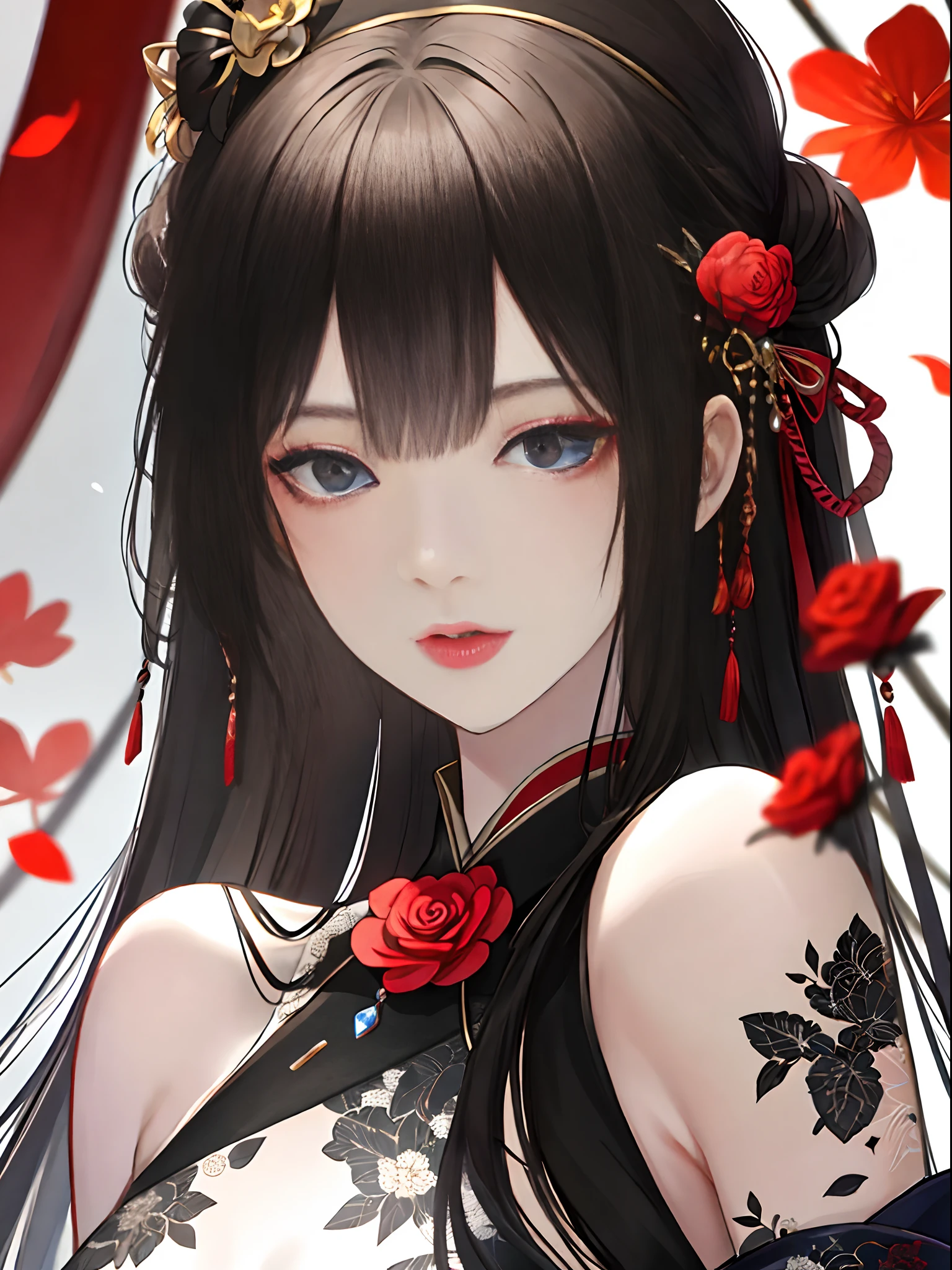 masterpiece,best quality,absurdres,original,extremely delicate and beautiful,beautiful detailed eyes and face,1girl, black hair, flower, japanese clothes, looking at viewer, red flower, solo, (shiny skin),(masterpiece:1.4),(best quality:1.4),realistic