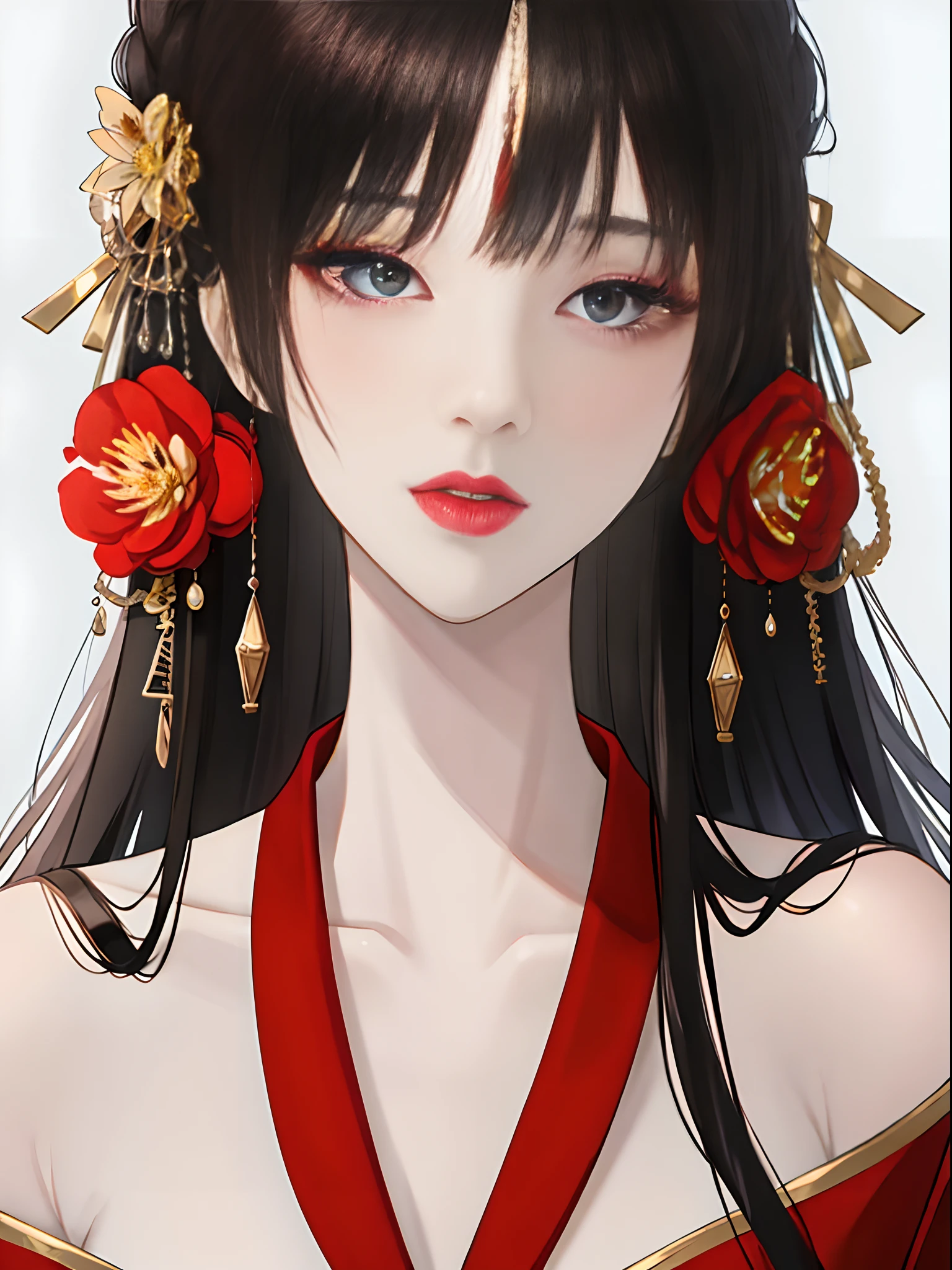 masterpiece,best quality,absurdres,original,extremely delicate and beautiful,beautiful detailed eyes and face,1girl, black hair, flower, japanese clothes, looking at viewer, red flower, solo, (shiny skin),(masterpiece:1.4),(best quality:1.4),realistic