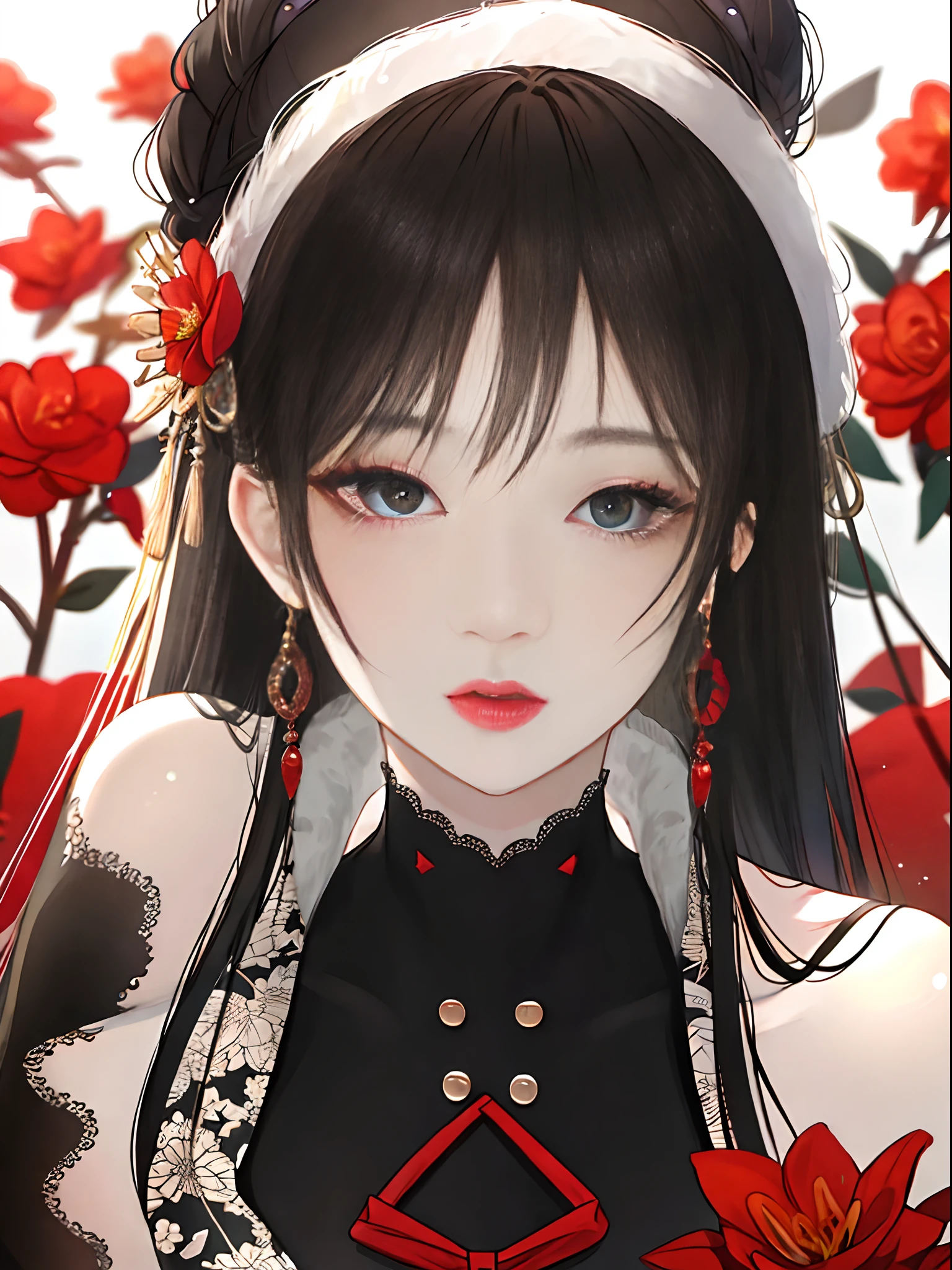 masterpiece,best quality,absurdres,original,extremely delicate and beautiful,beautiful detailed eyes and face,1girl, black hair, flower, japanese clothes, looking at viewer, red flower, solo, (shiny skin),(masterpiece:1.4),(best quality:1.4),realistic