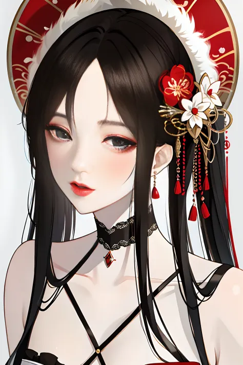 masterpiece,best quality,absurdres,original,extremely delicate and beautiful,beautiful detailed eyes and face,1girl, black hair, flower, japanese clothes, looking at viewer, red flower, solo, (shiny skin),(masterpiece:1.4),(best quality:1.4),realistic