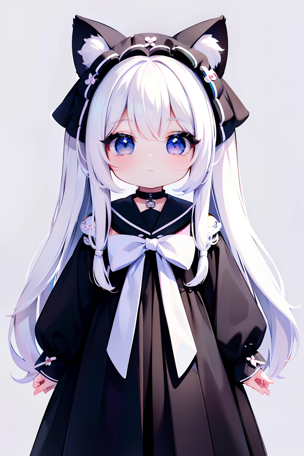 ((Best quality)), ((Masterpiece)),1 girl， animemanga girl，Q version characters，Infant body type，Very short in height，White color hair，a black skirt，Cat ears，Fierce expression