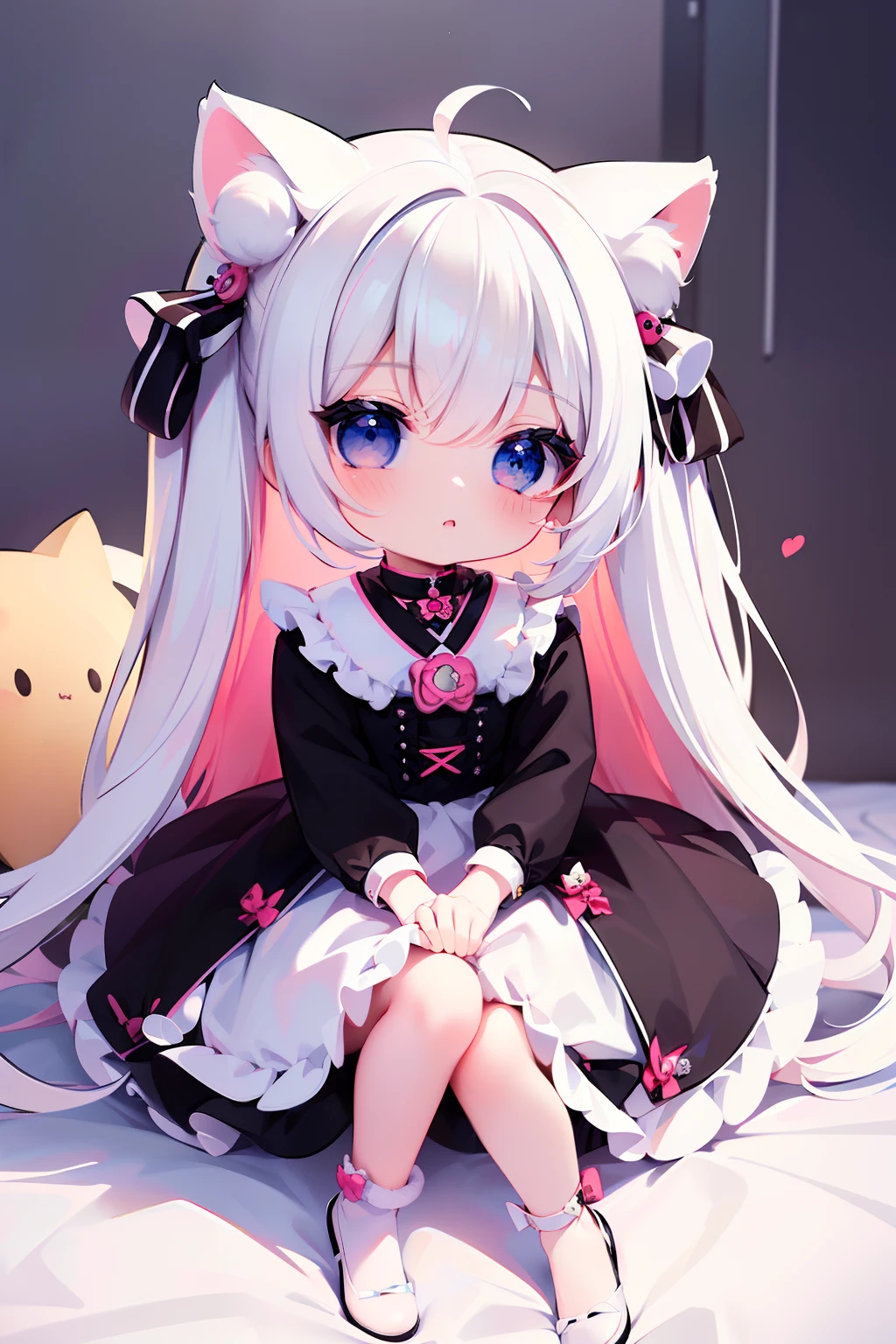 ((Best quality)), ((Masterpiece)),1 girl， animemanga girl，Q version characters，Infant body type，Very short in height，White color hair，a black skirt，Cat ears，Fierce expression