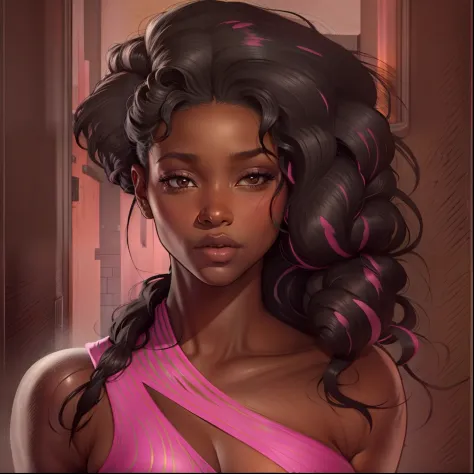ebony skinned female wearing tight black and white dress, has flowing black hair with pink streaks, brown eyes