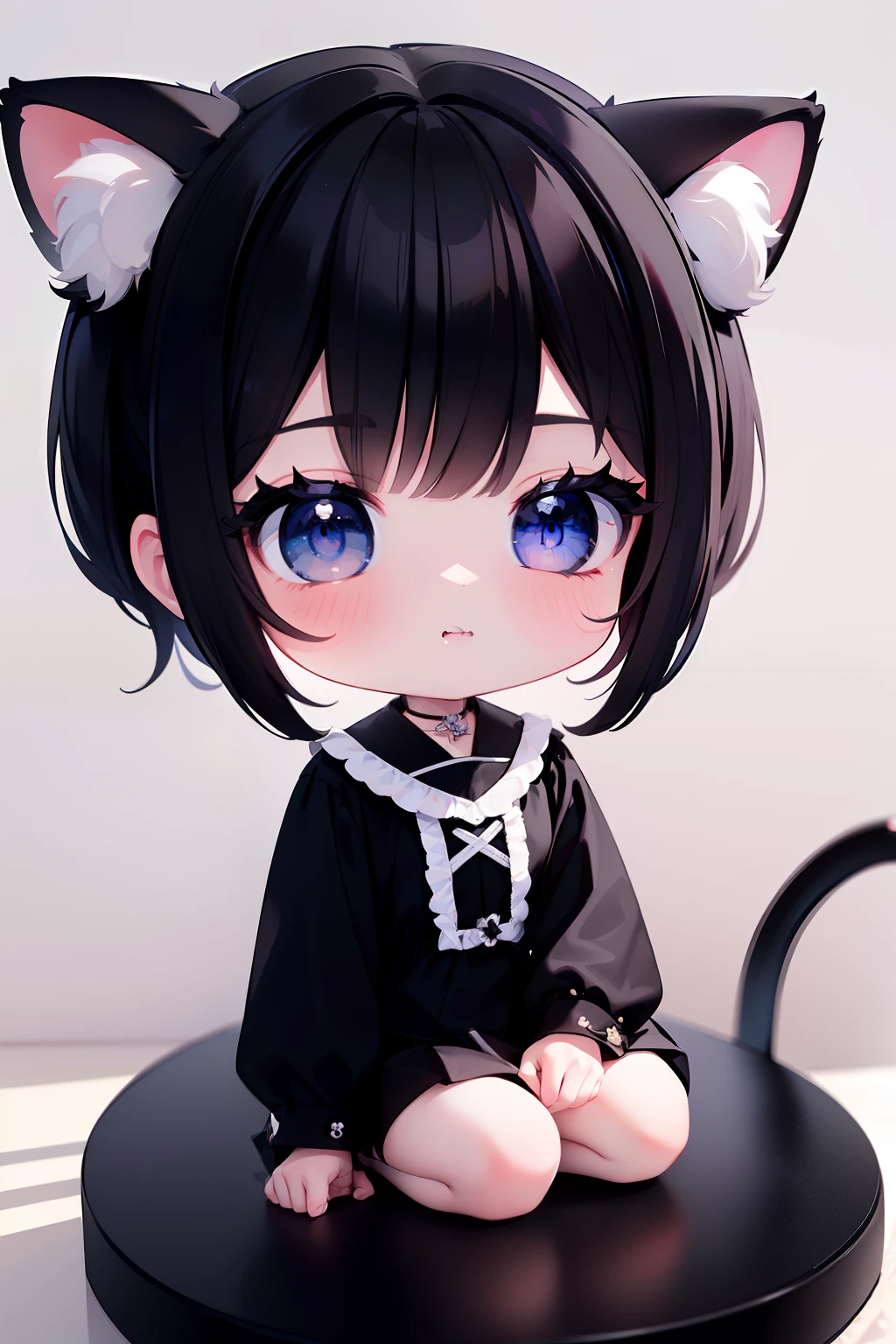 ((Best quality)), ((Masterpiece)),1 girl， animemanga girl，Q version characters，Infant body type，Very short in height，Black color hair，a black skirt，Cat ears，Fierce expression