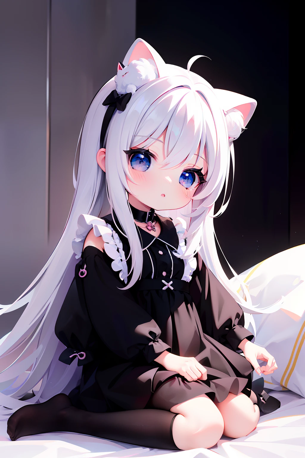 ((Meilleure qualité)), ((chef-d&#39;œuvre)),1 fille， animemanga fille，Caractères de la version Q，Cheveux de couleur noire，une jupe noire，oreilles de chat，expression féroce