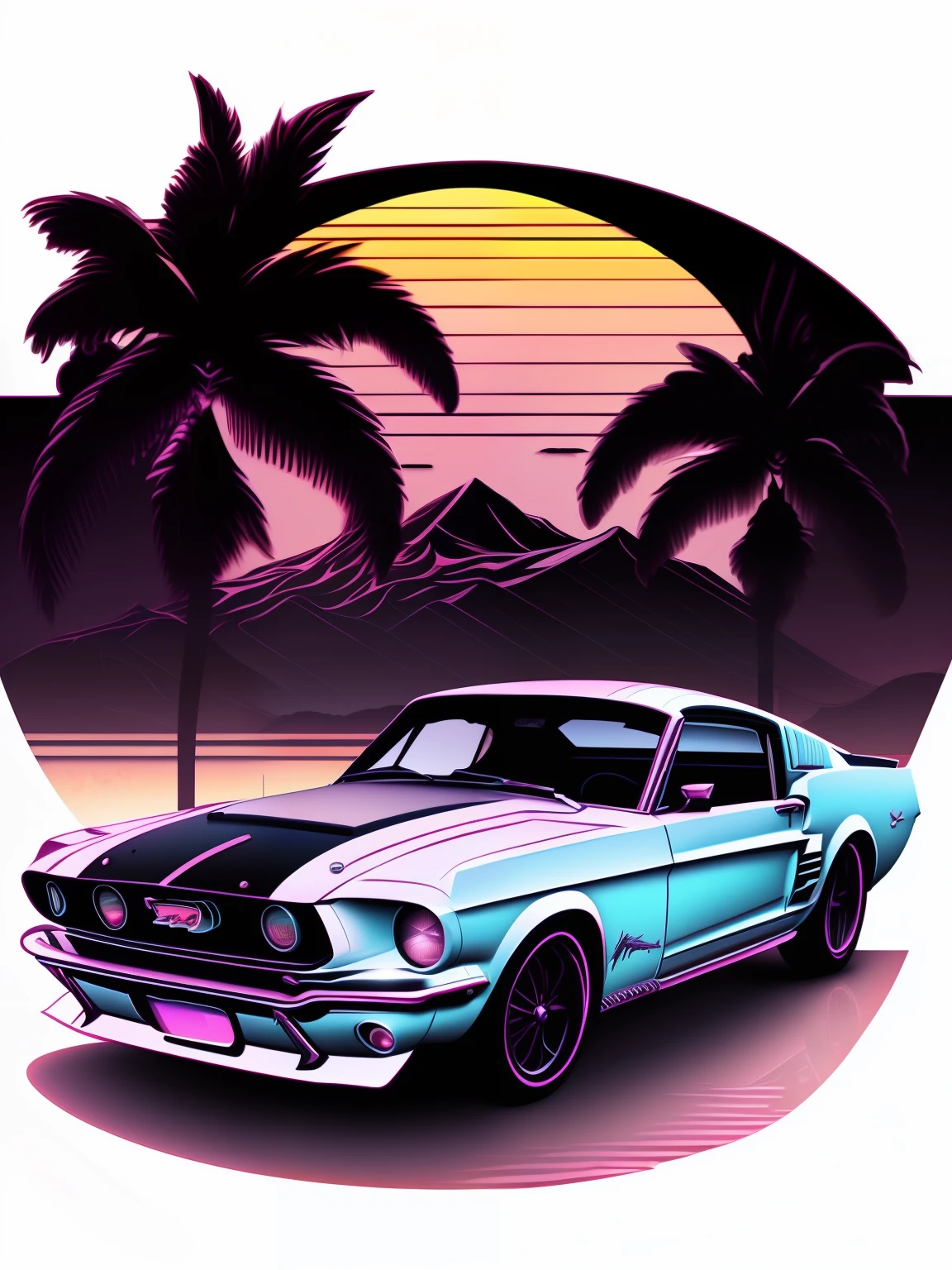 Ford Mustang vor Sonnenuntergang, Vaporwave-Stil, Neon-Stil, Weiche Linien, Vektor-Sticker-Kunst, Vektorkernel, komplizierte Details, weißer Hintergrund , 8K