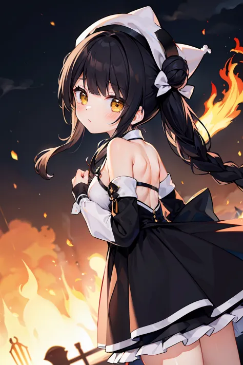 masterpiece, best quality, 1girl, solo, black hair, blunt bangs, (braided buns), (short twintails), yellow eyes, White witch hat...