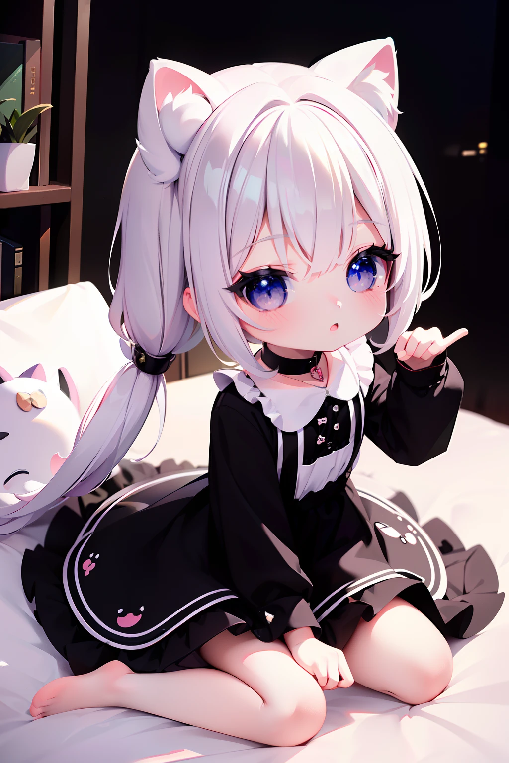 ((Best quality)), ((Masterpiece)),1 girl， animemanga girl，Infant body type，Very short in height，Black color hair，a black skirt，Cat ears，Fierce expression