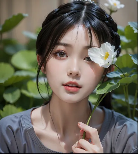 A girl holds a flower in front of her, Soft portrait shot 8 K, young lovely Korean faces, , Beautiful young Korean woman, Korean...