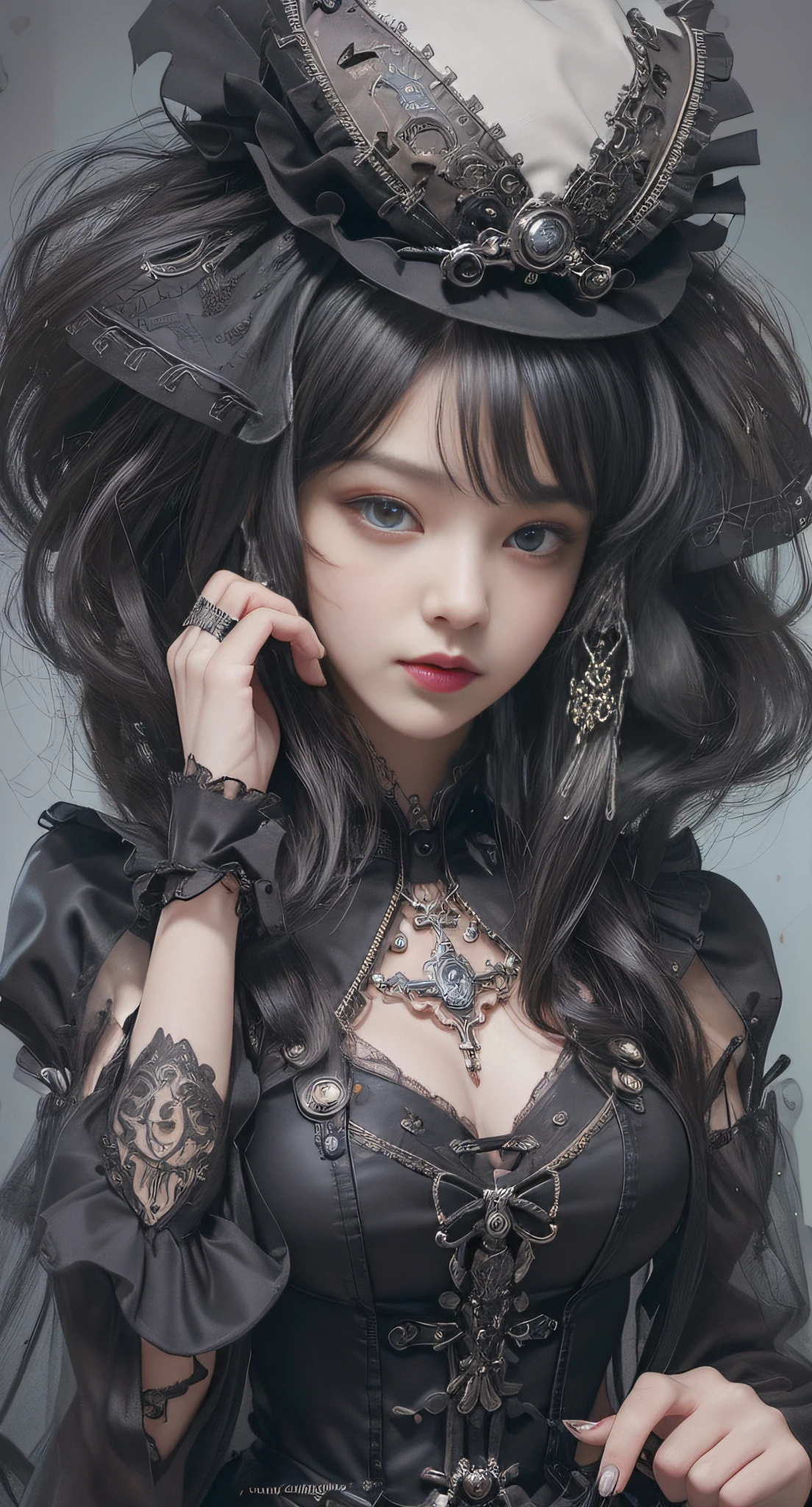 (((Masterpiece, top quality, super detailed))), (((( very detailed face))), small thin nose, small thin lip mouth, (((very sharp focused eyes))), very large slit precise pale gray eyes shining like jewels. Very long eyelashes, long black hair with black vertical curls, thick bangs, vertically curled princess cut, (((very decorative gothic lolita fashion meets overdecorated steampunk fashion))), very dramatic and cinematic lighting, (((overall accuracy has improved dramatically, creating a super detailed and realistic and realistic images))).