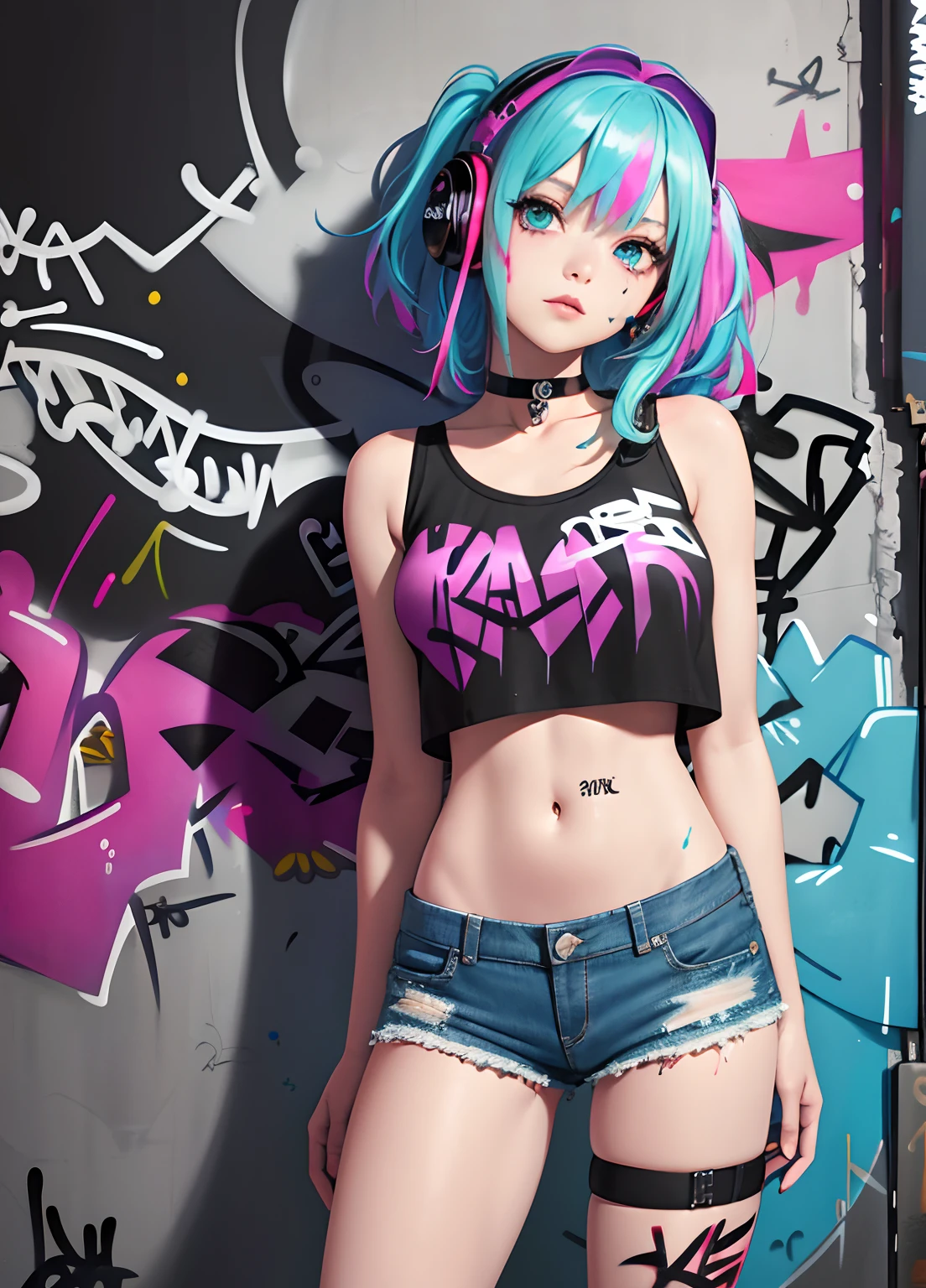 masterpiece, best quality, 1girl, solo, crop top, denim shorts, choker, (graffiti:1.5), paint splatter, arms behind back, against wall, looking at viewer, armband, thigh strap, paint on body, head tilt, bored, multicolored hair, aqua eyes, headset,