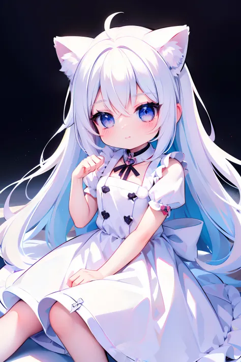 ((Best quality)), ((Masterpiece)),1 girl， animemanga girl，White color hair，white  skirt，Cat ears，Fierce expression